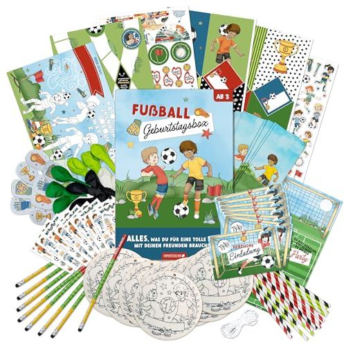 Papierdrachen Kindergeburtstag-Box Fußball für 8 Kinder – Party-Deko Komplettset inkl. Einladungskarten, Girlande, Ballons, DIY-Kuchenstecker - Bastelspaß
