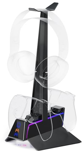 Oniverse Chargeur Manette PS5 - Station de Charge Rapide 2H, Support Manette et Accessoire PS5, Double Chargeur Compatible avec DualSense, Support Amovible Recharge Casque Inclus - Station X3 (Noir)