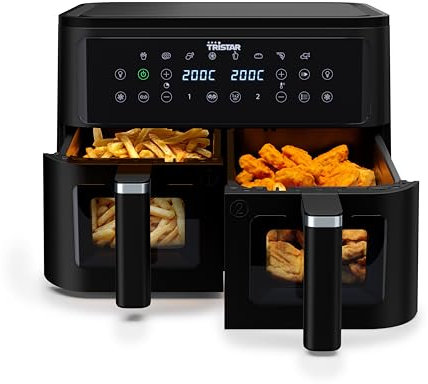 Tristar Doppelkorb-Heißluftfritteuse, 9 L Kapazität, 10 Programme, Sync-Funktion, Digitales Display, Sichtfenster, PFAS-frei, Gesundes Frittieren ohne Öl, 2500 W, FR-9429