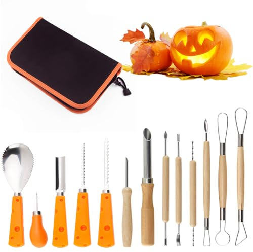 DASIAUTOEM Juego de 14 herramientas para tallar calabaza de Halloween, de acero inoxidable, con bolsa de almacenamiento, cuchillo de trinchar profesional, decoración de Halloween, para manualidades