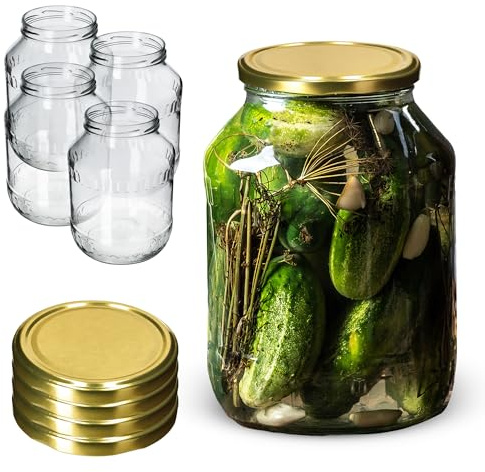 KADAX 4er Set Einmachgläser 2,5L mit TO100 Schraubdeckel, Einmachglas zum Einlegen, Konservengläser, Sturzglas, Vorratsglas, große Gurkenglas, Konservenglas (Gold Deckel)