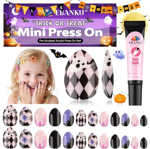 24 Stück Press-on-Nägel für Kinder, EBANKU Halloween Mini-Klebe-Nägel Mandelform Niedliches Design Acrylnägel mit Nagelkleber für Mädchen von 7 bis 12 Jahren | Niedliches Design Acryl Nägel mit Nagelkleber für Mädchen 7-12 Jahre