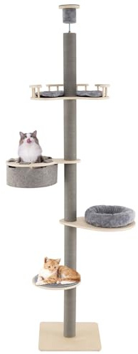 FANTASK Katzenkratzbaum, 5-stöckiger Katzenbaum hoch, Katzen Katzenmöbel, von Boden bis Decke, Kratzbaum deckenhoch mit Plüsch-Bett, Hängematte & Plattformen, Kletterbaum Holz, 236-271 cm (Grau)