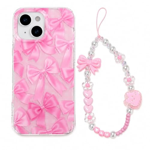 xoniery Compatible with iPhone 13 iPhone 14 Case with Cute Kawaii Bowknot Pattern Case for Girls Women with Chain Wrist Strap Ribbon Design TPU Bumper Shockproof Protective Cover - Pink