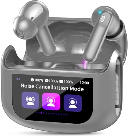 Ecouteurs Bluetooth sans Fil, Écouteurs Bluetooth 5.4 Écran Tactile LED Multifonction avec Mode 5 EQ, 48H Écouteurs sans Fil ANC Réduction du Bruit Mic avec HiFi Stéréo, Casque IP7 Etanche, Gris