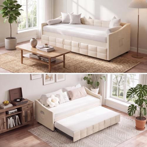 Polsterbett Schlafsofa 90/180x200 cm,Schlafsofa mit Lattenrost Tagesbett Ausziehbar Schlafcouch 2 Personen Doppelbettsofa Sofa mit Schlaffunktion Multifunktionales Sofabett ,ohne Matratze (Beige-B)