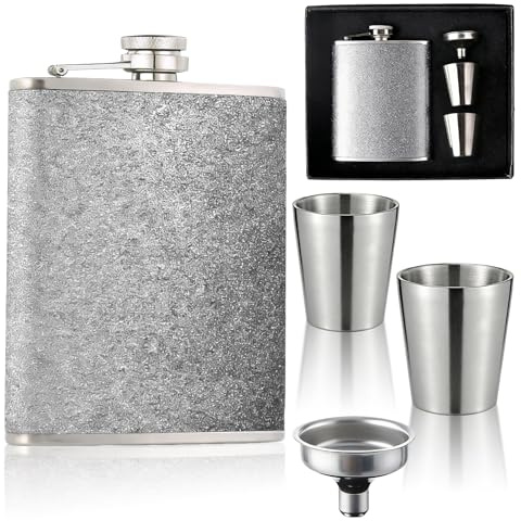 Hip Flask for Liquor, Hip Flask 8Oz with 2 Small Cup and 1 Funnel, 304 Stainless Steel Portable Whiskey Flasks for Whiskey Alcoholic Beverages (Silver)