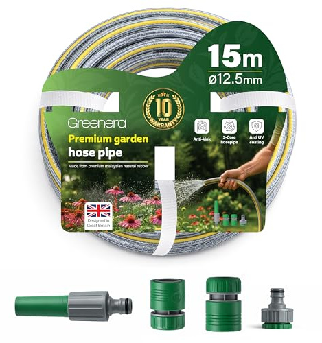 Garden Hose Pipe, 12.5mm x 15m Starter Set, Including 2 in 1 Faucet Tap Adapter, Hose End Quick Connector and Sprayer, Re-Enforced PVC Layering, Hard-Wearing Hosepipe for Outdoor Garden Car Washing