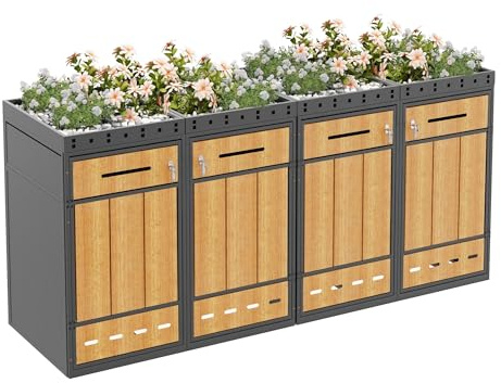 RAPRAP 4Er Mülltonnenbox mit Pflanzdach Vier, 120-240 Liter Mülltonnenverkleidung 4 Tonnen, Mülltonnenschrank für Mülltonnen Müllbox, Holzmaserung,4 Bin