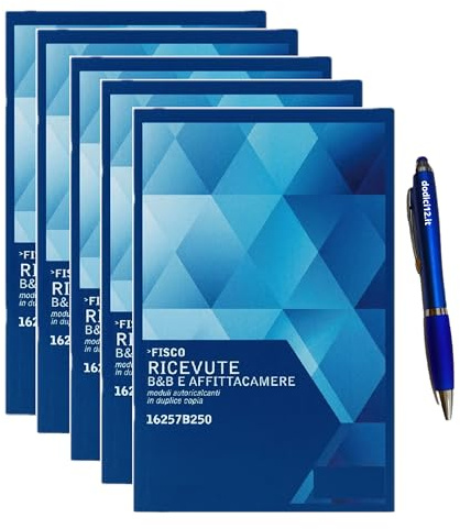 Blocco Ricevute B&B e Affittacamere 16,8x10 cm - 25 Fogli Autoricalcanti in Duplice Copia (25x2) - Moduli Quietanza Pagamento Tassa Soggiorno e Locazioni Turistiche - CON PENNA TOUCH OMAGGIO Dodici12®