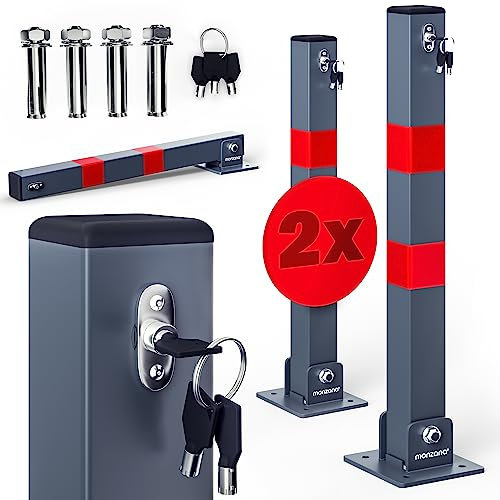 DEUBA® 2X Car Security Barrier for Driveways | Telescopic Retractable Parking Space Bollard | 3 Keys | Pre-Drilled Base Plate, Reflective Strips