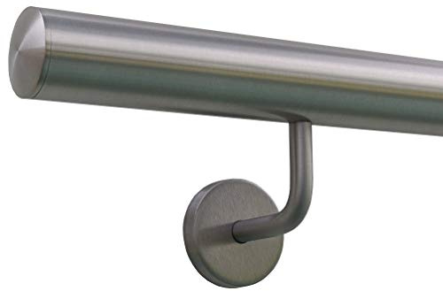 TIBU Handlauf Edelstahl 33,7 mm Geländer 0,3m - 6m, Länge 150 cm, Ende leicht gewölbte Kappe und gewinkelte Halter