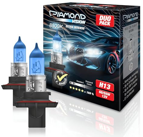 Diamond Vision 2x H13 12V 60/55W | Xenon Look | Halogen KFZ Autolampen | 8500k Super Ultra White | Kaltweiß | extrem langlebig | E-Prüfzeichen | PJ26.4T