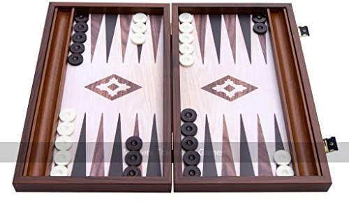 Manopoulos Compact Oak and Walnut 15-inch Backgammon Set (with Side Racks) | Travel Backgammon with Side Racks - Oak and Walnut Backgammon Board - Acrylic stones - Travel Games