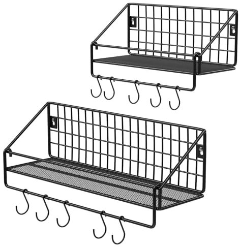 SONGMICS Wandregal im Industriestil, aus Metall, Traglast 15 kg/Regal, 2 Stück, mit 10 Haken, für Schlafzimmer, Wohnzimmer, Küche, 30 x 12 x 13 cm, 40 x 12 x 13 cm, Schwarz, LFS02BK