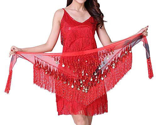 YAOTT Damen Chiffon Hüfttuch Münztuch Münzgürtel Bauchtanz Gürtel mit Pailletten und Münzen Bauchtanz Samba Belly Dance rot One Size