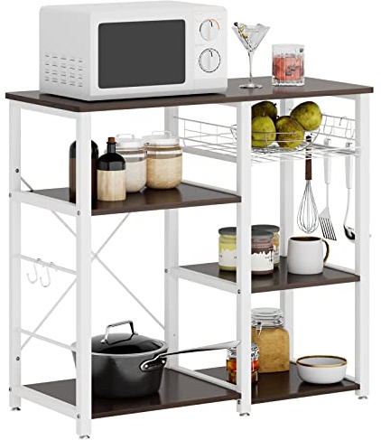 SDHYL Etagères de Cuisine Polyvalent avec Plan de Travail Meuble Rangement Desserte de Cuisine avec Panier de Rangement pour Fruits, Rangement pour Micro-Ondes, Four, Outils de Cuisine Noyer Noir