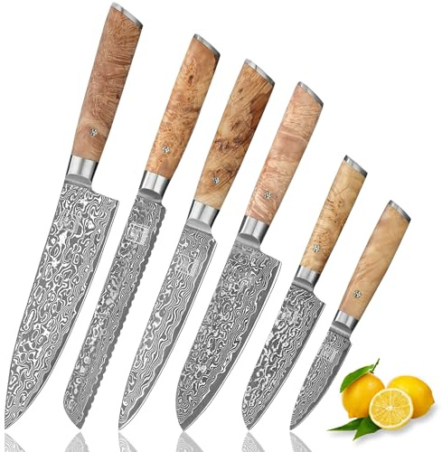 zayiko Kinone Damastmesser-Set | 6-teilig, 8–20 cm aus 67 Lagen Damaststahl mit VG10-Kern | Griffe aus Birkenwurzelholz | für Fleisch, Fisch & Gemüse | in Geschenkbox für Hobby- & Profiköche