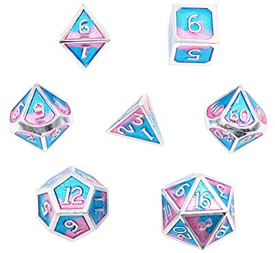 Fasizi 7Pcs poliédricos DND Juego de Dados de Metal sólido con Bolsa de Almacenamiento y aleación de Zinc con Esmalte para Juegos de rol Mazmorras y Dragones (Mezcla de Doble Color Azul y Rosa)