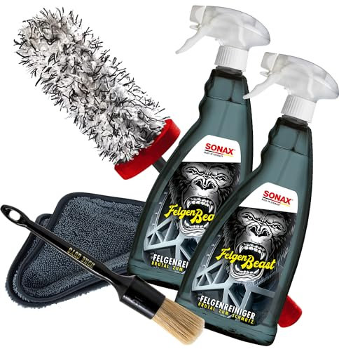 Felgen Reinigungs Set mit 1x Sonax Mikrofaser Felgenbürste lang + 2x Felgenbeast Felgenreiniger 1 Liter ideal für Alufelgen + 1x detailmate Trockentuch + Nuke Guys Reinigungs Pinsel