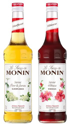 MONIN - Assortiment Sirop Saveur Fleur de Sureau et Hibiscus - Pour Prosecco, Cocktail, Thé Glacé et Limonade - Arômes Naturels - Bouteille en verre - 2 * 70 cl