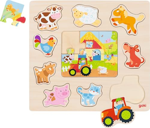 goki 57371 - Einlegepuzzle aus Holz mit Bauernhoftiere - 15 Teile