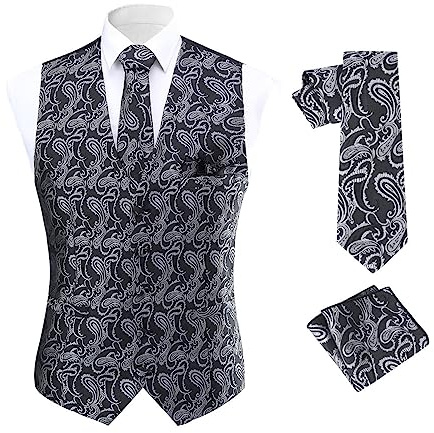 Allthemen Gilet Homme Classique Paisley Costume Floral Jacquard Ensemble de Cravate et Gilet de Poche pour Mariage Argenté/Noir L