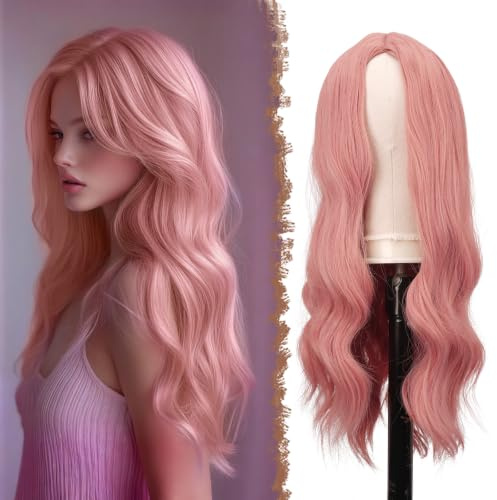 FESHFEN Lange Wellig Perücke Kunsthaar Pinke Perücken für Damen | Gewellte Mittelscheitel Rosa Haarperücke Synthetik Natürlich Hitzebeständig Wig für Halloween Karneval Cosplay Party, 60 cm