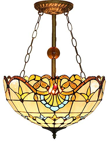 ANIFM 16Inch Tiffany Style Anti-Chandelier, Baroque Stained Glass Lampshade Inverted Hanging Ceiling Lamp Pendant Light for Living Dining Room, E27*3 110-240V Comfortable anniversary