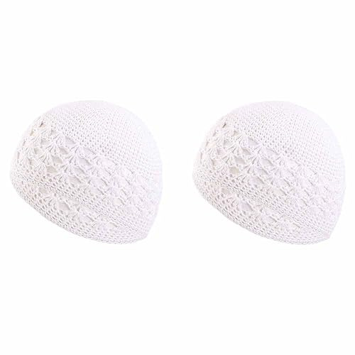 SHTGOI 2 Stück Gestrickte Kufi-Mützen Handgemacht Häkelmütze Baumwolle Strickmütze Totenkopf-Mützen Haarnetz Kappe Gebetsmütze Islam atmungsaktive Beanie-Mütze für Sommer Männer und Fraun Weiß