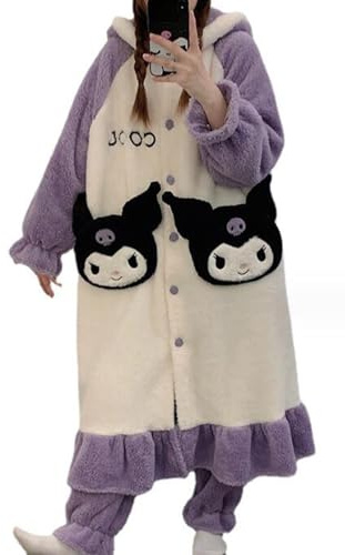 WANHONGYUE My Melody Pigiama Donna Invernale Vestaglia Lunga in Pile e Pantaloni Due Pezzi Set di Pigiama Caldo Accappatoio in Flanella con Cappuccio Abbigliamento per La Casa Spa Hotel