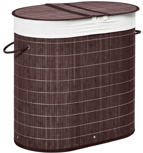 HOMCOM Bambus Wäschekorb mit Deckel 2 Fächer 100 L Wäschesammler Braun | Mit Griffen, Herausnehmbarer Wäschesack, Laundry Baskets Wäschesortierer, für Waschküche Schlafzimmer Badezimmer