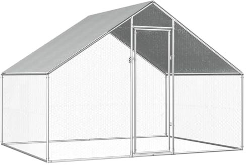 FENLAX Hühnerkäfig aus Verzinkter Stahlrahmen + Polyethylen Dach 275x200x192 cm Silberner Rahmen Graues Dach Hühnerfreilaufgehege Voliere Hühner Hühnergehege Außen Geflügelställe & Geflügelkäfige