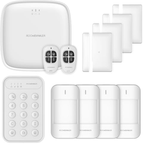 ROOMBANKER allarme domestico intelligente Set - Station Kit (4G/WiFi/LAN) - Con 4 sensori di movimento, 4 sensori magnetici antifurto, 2 tasti e 1 tastiera - App facile da usare