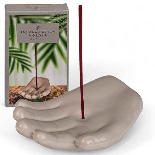 MIJOMA Räucherstäbchenhalter Hand – Keramik, Spirituelles Accessoire, Weiß-Grau-Schwarz, Harmonisches Design, 12x7,5x2,5 cm (Grau)