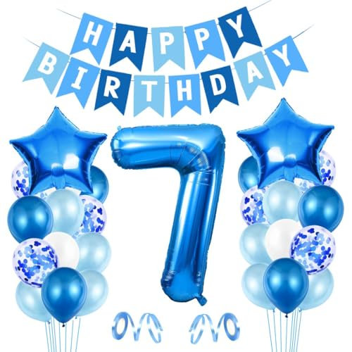 Luftballon 7. Geburtstag Blau - Happy Birthday Folienballon, Riesen Folienballon Zahl 7, Ballon Deko, Geburtstagsdeko Jungen 7 Jahr