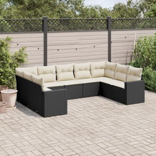 ULUYYUC 9-TLG. Garten-Sofagarnitur, Hocker Eckbank Küche Küchensofa Eckbankgruppe Geeignet für Balkon Außenbereich Hinterhof Garten mit Kissen Schwarz Poly Rattan