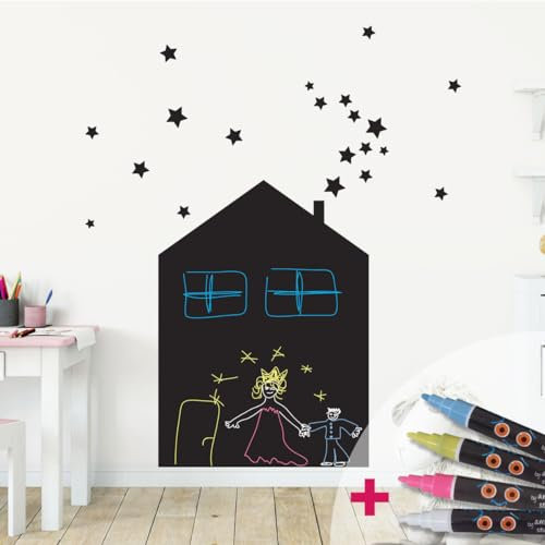 Ambiance Sticker Kreidetafel, selbstklebend, abwischbar, Haus und 20 Sterne – H 60 x B 45 cm + 4 Flüssigkreiden