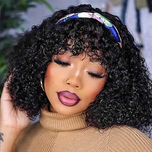 Echthaar Perücke 12 Zoll Short Kinky Curly Human Hair Wigs For Women Bob Curly Wigs Lockiges 180% Density Menschliches Haar Perücke Mit Pony Wigs Human Hair Brasilianische