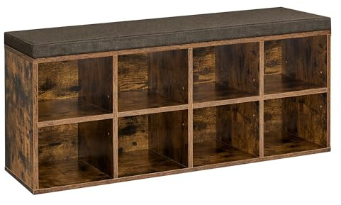 VASAGLE Banco Zapatero, 8 Compartimentos, Asiento Acolchado | Organizador Zapatero, 4 Estantes Ajustables, Compacto, para Entrada, Pasillo, Marrón Rústico, Colección CUSTOS LHS238K01