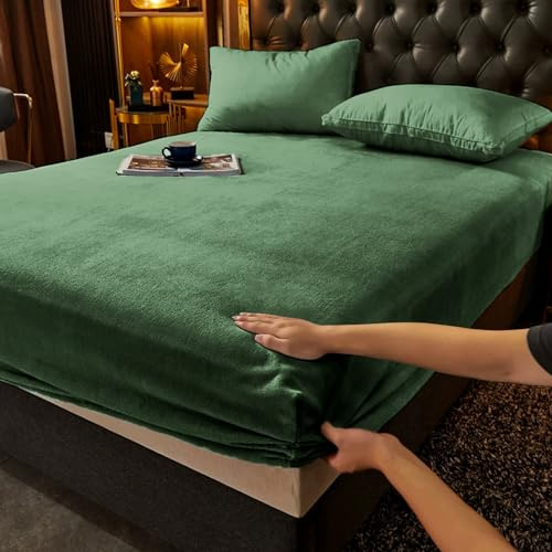 Gezu Lenzuolo con angoli, 180 x 200 + 30 cm, verde, lenzuolo in flanella di lana e velluto, rosso corallo, proteggi-materasso, caldo, inverno, ipoallergenico, non necessita di stiratura, orlo elastico