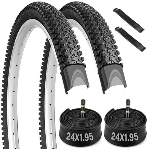 Mountainbike-Reifen-Set, 24 x 1,95 cm, faltbarer Fahrradreifen und Schlauch mit Schrader-Ventil, 24 Zoll Fahrradreifen mit 2 Reifenhebern, für 24 x 1,75/1,95/2,0/2,10/2,1 Zoll MTB, BMX, Off-Road Bike