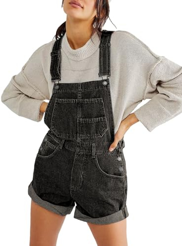 Sukany Women's Casual Denim Overall Shorts Loose Adjustable Straps Dungarees Bib Jeans Shortalls Rompers Pants Black M