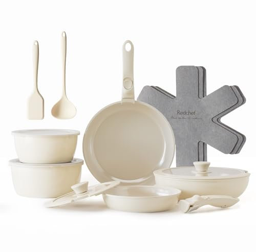 Redchef 16pcs Ceramic Pots and Pans Set Non Stick, Nonstick Kitchen Cookware Set with Detachable Handle, PFAS PFOA & PTFE Free, RV Ceramic Cookware Set for Camping, Oven Safe（Beige White