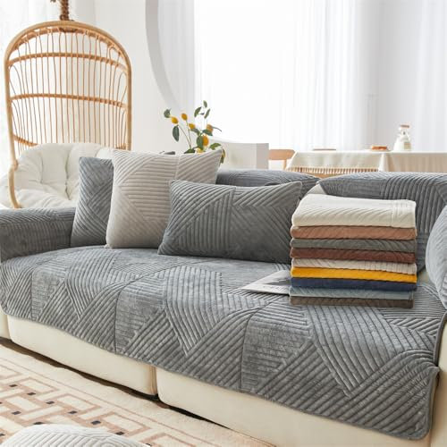 Plush Sofa Covers for 1 2 3 4 Seater Non Slip Slipcovers for Corner L Shape Sofas Washable Furniture Protector with Cushion Covers Grey (90x120 cm)