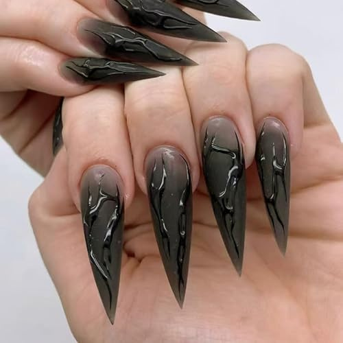 MouyouGlow Press on Nails Extrem Lang,Stiletto Halloween Schwarz 3D Aura Cool Y2K Gothic Fake Nails mit Nagelkleber,Fantasy Black Künstliche Fingernägel