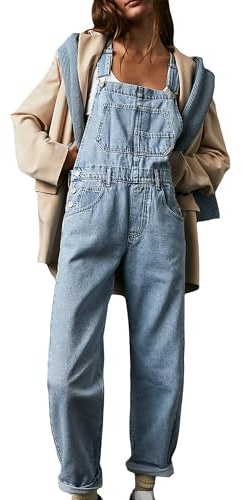 Felcia kvinnor klassisk denim overaller lös passform raka ben justerbar rem hängslen jumpsuit casual jeans hängselbyxor, ljusblå A, L