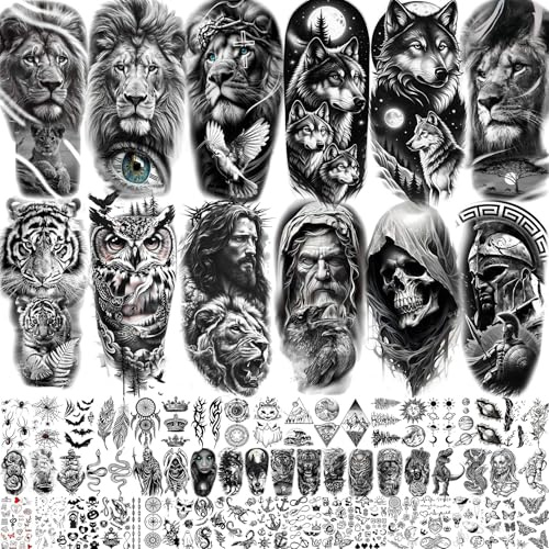68 Blatt Schwarz Wolf Löwe Temporäre Tattoos Männer Frauen Klebetattoos Erwachsene Damen Frauen, Halloween Ärmel Klebe Tattoo Zum Aufkleben Tiger Zeus Gott Jesus Christus Spartanischer Krieger