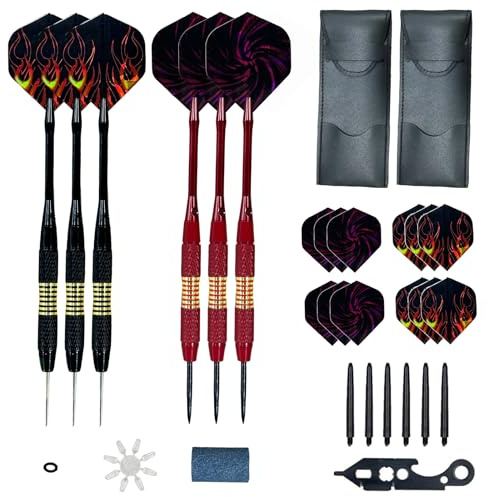 NEXROLA Dartpfeile mit Metallspitze 6 Stück, Steel Tip Dart Set mit 6 Flights 6 Orings 6 Schaft Dartschleifer,Profi Steeldarts für Dartspieler Und Hobbyisten