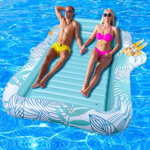 BuzzoXerex Matelas Gonflable Piscine, Double Grand Hamac à Eau Flotteur de Piscine Adulte pour Bain de Soleil avec Appui-tête et Support de Seau à Glace pour Piscine été Plage (Vert)